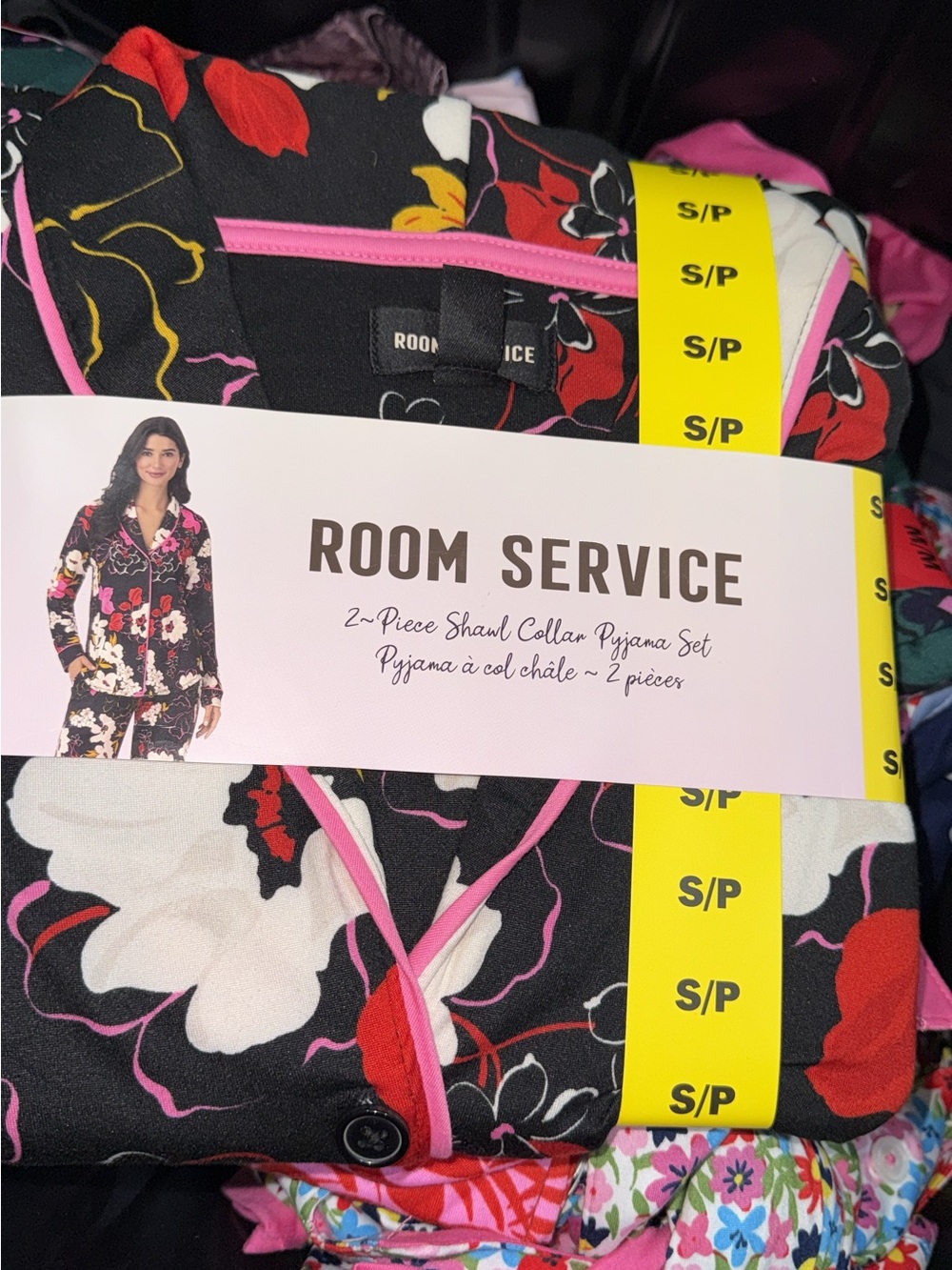 Women's Black Floral Shawl Collar Pajama Set - Pink Trim
